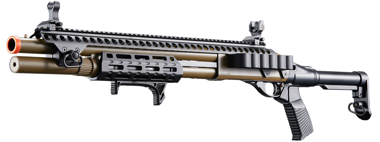 Golden Eagle M8875 3/6-Shot Pump Action Gas Airsoft Shotgun w/ Flip Up Sights, M-LOK, Picatinny Rail & M4 Buffer Stock - (Tan)