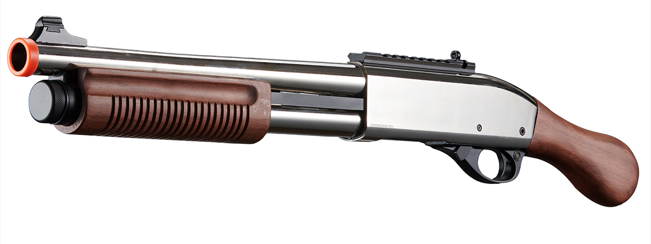 Golden Eagle M8877 3/6-Shot Pump Action Gas Airsoft Sawed-Off Shotgun - (Silver/Wood)