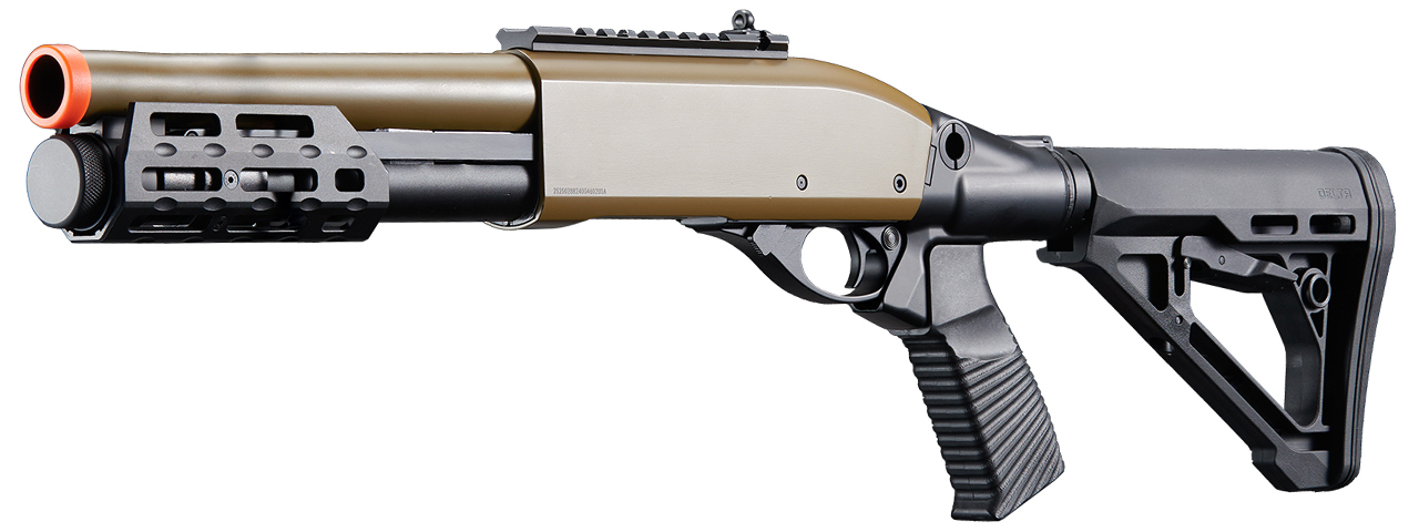 Golden Eagle M8878 3/6-Shot Pump Action Gas Airsoft Sawed-Off Shotgun w/ M-LOK Forend & Delta Stock - (Tan)