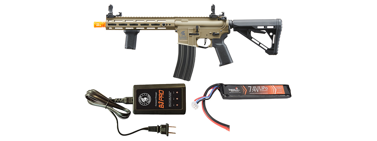 Lancer Tactical Gen 3 Hellion M-LOK 10" Airsoft M4 AEG with Delta Stock w/ Battery/Charger Bundle - (Tan)