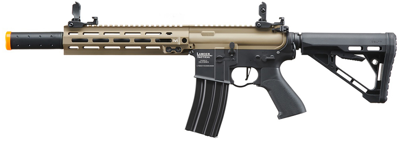 Lancer Tactical Blazer 10" M-LOK Proline Series M4 Airsoft Rifle with Delta Stock & Mock Suppressor (Color: FDE Upper Receiver & Black Lower) Lancer Tactical Blazer 10" M-LOK Proline Series M4 Airsoft Rifle with Delta Stock & Mock Suppressor (Color: FDE Upper Receiver & Black Lower)