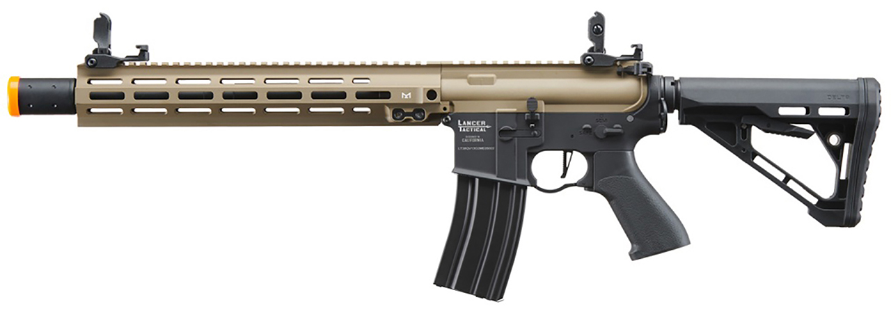 Lancer Tactical Blazer 13" M-LOK Proline Series M4 Airsoft Rifle with Delta Stock & Mock Suppressor (Color: FDE Upper Receiver & Black Lower)