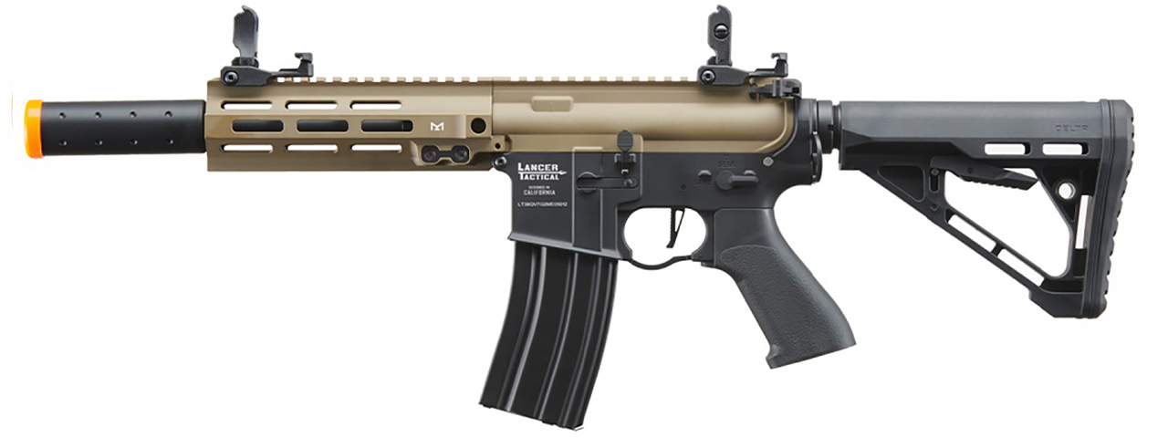 Lancer Tactical Blazer 7" M-LOK Proline Series M4 Airsoft Rifle with Delta Stock & Mock Suppressor (Color: FDE Upper Receiver & Black Lower)